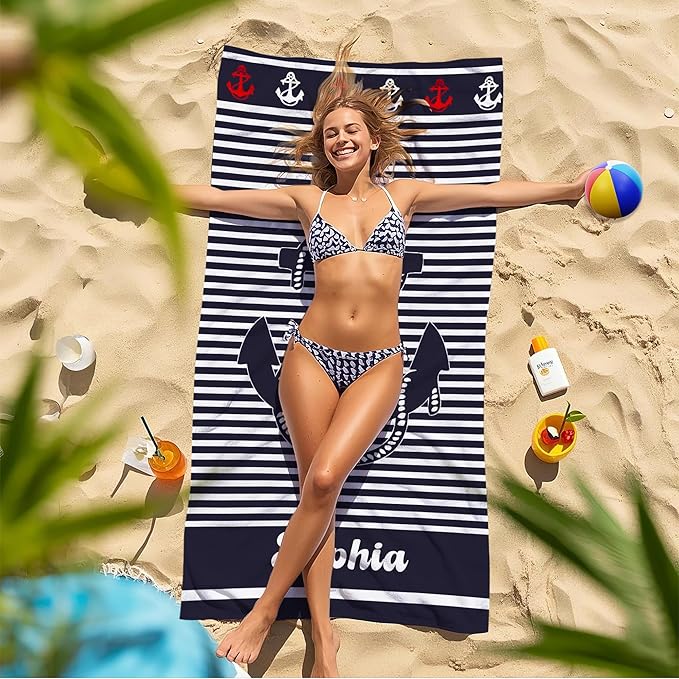 JML Personalized Beach Towel with Name, Custom Anchor Beach Towel, Customized Microfiber Pool Towel, Quick Dry & Absorbent Swim Towel for Adult,Anniversary, Birthday, Summer Holiday,Vacation