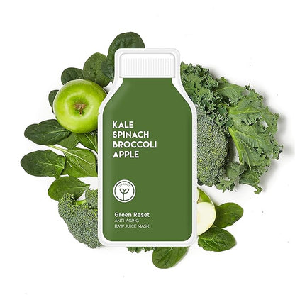 ESW Beauty Green Reset - Anti-Aging Raw Juice Face Mask (6-Pack) - Revitalizing with Kale, Spinach, Broccoli & Apple for Mature Skin - Boosts Collagen & Reduces Wrinkles