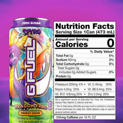 G Fuel Energy Drink, Dragon Fruit, Sugar Free Beverage with 140mg Caffeine, Daily Energy Boost with Focus Amino, Vitamin + Antioxidants, 16 oz Cans (Spyro the Dragon, 12-Pack)