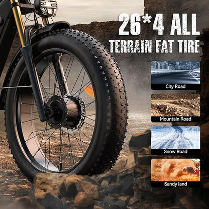 Electric Bike for Adult, 52V 20Ah Peak 3000W Dual Motor 26" Fat Tire Ebike, Max 38Mph & 35-90 Miles Full Suspension, Mountain E Bicycle for Men