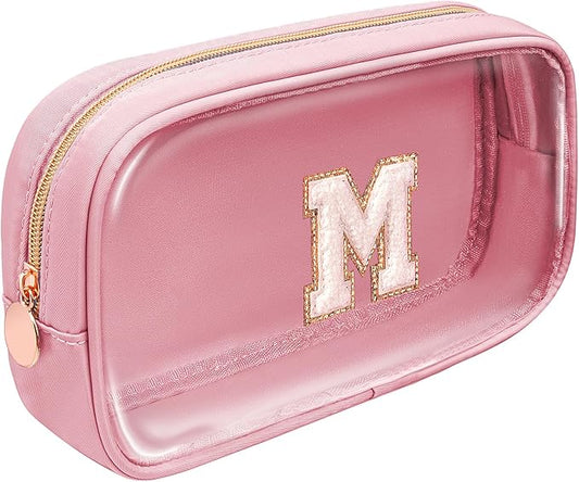 Large Personalized Initial Letter Clear Makeup Bag, Nylon Preppy Patch Makeup Bag Chenille Letter A-Z TSA Approved Travel Toiletry Bag Cute Zipper Makeup Organizer for Women Men (Pink, M)