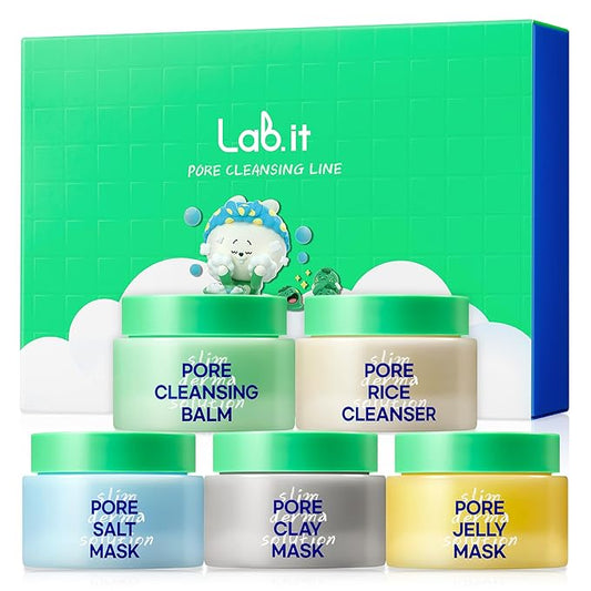 Lab.it Pore Cleansing Travel Kit (5EA)– Korean Skincare Discovery Set for Teens with Cleansing Balm, Rice Cleanser, Clay Mask, Salt & Jelly Mask, Travel-Size Face Mask Kit for Sensitive Skin, Gift Set