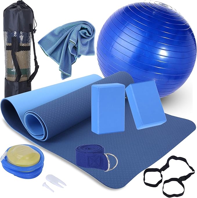 Yoga Starter Kit - 11-Piece Set with Yoga Blocks, Strap, Ball, Mat, Carrying Strap, Net Bag, Cooling Towel