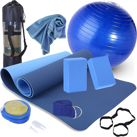 Yoga Starter Kit - 11-Piece Set with Yoga Blocks, Strap, Ball, Mat, Carrying Strap, Net Bag, Cooling Towel