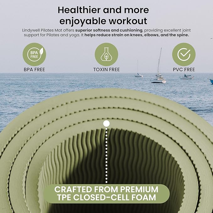 Lindywell Pilates Yoga Workout Mat Non Slip 6mm, 8mm, 10mm Thick - 6ft x 26in