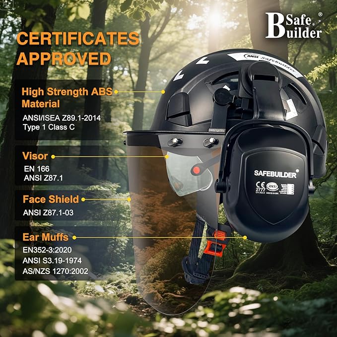 Forestry Safety Helmet with Build-in Visor Mesh Face Shield Ear Muffs 4 in 1 Chainsaw Safety Hard Hats
