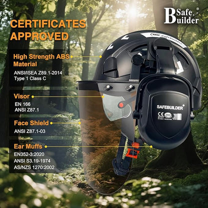 Forestry Safety Helmet with Build-in Visor Mesh Face Shield Ear Muffs 4 in 1 Chainsaw Safety Hard Hats