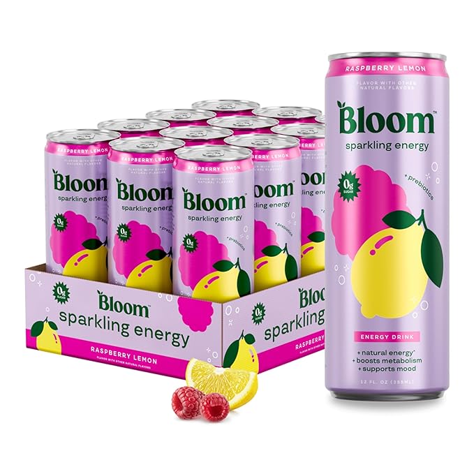 Bloom Nutrition Sparkling Energy Drink for Focus, Natural Caffeine, Zero Sugar, 180mg Caffeine, Antioxidant-Rich with Green Coffee Bean, Green Tea Extract, & Prebiotics, Raspberry Lemon 12oz 12 Pack