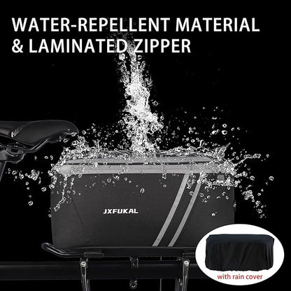 JXFUKAL Rear Bike Rack Bag with Rain Cover, 7L/9L/10L/12L Waterproof Bicycle Ebike Saddle Bag Cycling Pannier Trunk Carrier with Reflector & Adjustable Cord for Commuter Travel Outdoor