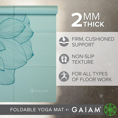 Gaiam Yoga Mat - Folding Travel Fitness & Exercise Mat - Foldable Yoga Mat for All Types of Yoga, Pilates & Floor Workouts (68"L x 24"W x 2mm Thick)