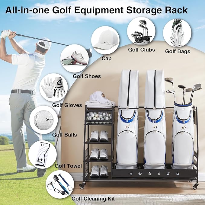 Lauren&Harold Golf Bag Organizer Garage Storage, Golf Storage Rack Stand Fits 2 Golf Bags, Golf Clubs and Other Golfing Equipment Accessories, Golf Organizer for Garage, Club, Shed, Basement