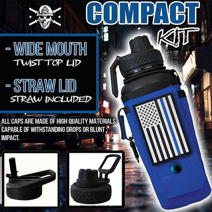 Iron Infidel Battle Bottle - 32 Oz Insulated Water Bottle with Straw Lid & Chug Cap, Stainless Steel Metal Flask Includes Rugged, Removable Sleeve for Keys, Wallet, & Phone (Thin Blue Line 1 Liter)