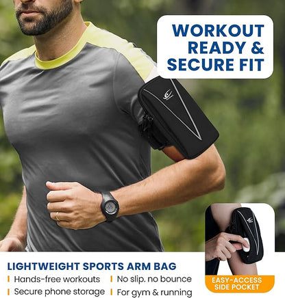 HiRui Cell Phone Holder Arm Bag & Wrist Bag for Phone, Sports Running Armband for Gym & Cycling, Compatible with iPhone 16/16Pro/Plus/15/14 Samsung Galaxy All Phones, Reflective & Adjustable (Black)