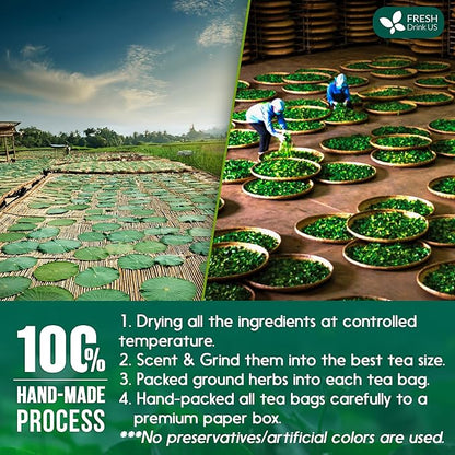 FreshDrinkUS, Premium 20 Tea Bags of Lotus Green Tea, 100% Natural. Exquisite Flavor, Handpicked Leaves, Perfect for Tea Lovers. No Sugar, No Gluten, Vegan.