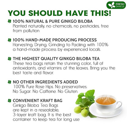 FreshDrinkUS, Premium 75 Ginkgo Biloba Leaf Tea Bags, 100% Natural & Pure from Ginkgo Biloba Leaves. Loose Leaf Herbal Tea. Made with Eco-Conscious Tea Bags. No Sugar, No Caffeine, No Gluten, Vegan.