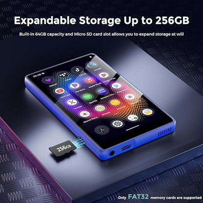 128GB MP3 Player with Bluetooth and WiFi，Music Video Player with Spotify Pandora,Amazon Music, 5" Touch Screen Android MP4 MP3 Player for Kids with Audible, YouTube, Spotify Kids,up to 256GB (Blue)