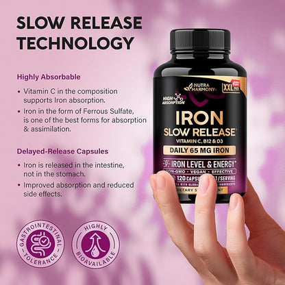 Iron Supplement for Women - Iron 65mg (Ferrous Sulfate 325mg) - Stomach Friendly | Slow Release Iron | High Absorption - Vitamins C, D3, B6, B12 & Folate - Iron Level & Energy Support - 120 Capsules