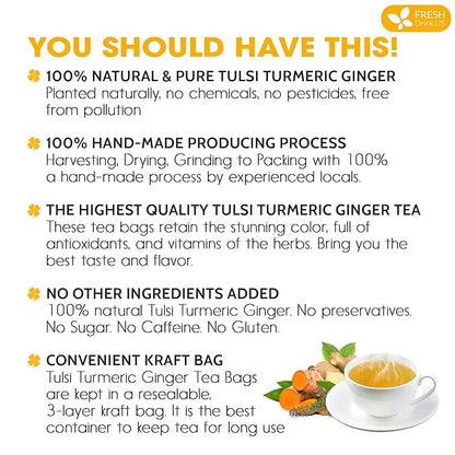 FreshDrinkUS, Premium 135 Tulsi Turmeric Ginger Tea Bags, 100% Natural & Pure from Tulsi Holy Basil Leaves, Turmeric and Ginger. Made with Natural Material Tea Bags. No Sugar, No Caffeine, Vegan.