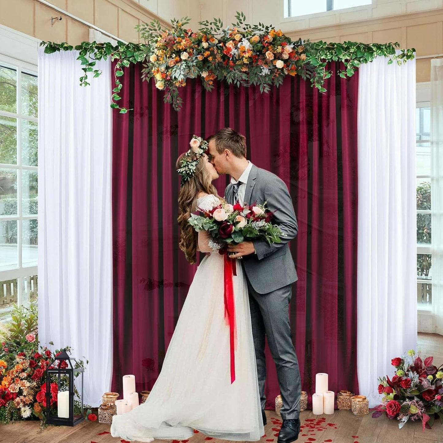 10 x 10 Feet Burgundy Backdrop Curtain for Partie, Background Curtains for Photoshoot, Birthday, Wedding, Halloween, Thanksgiving, Christmas Day, New Year Party Decorations 5Ft x 10Ft, 2 Panels