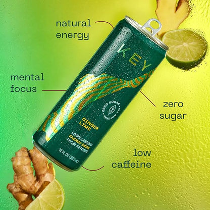 KEY Ketone Energy Drink : Sugar Free, 80mg Low Caffeine, All Natural, 11.5g Ketones, Long Lasting Energy, Green Tea & L-Theanine for Mental Focus, Ginger Lime (Pack of 12)