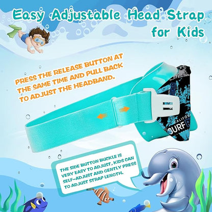 Kids Swim Goggles with Nose Cover, 180° Panoramic Snorkel Mask with Anti-Fog & Anti-Leak Design, Comfort Fabric Strap UV Protection Lens for Boys Girls Ages 3-15