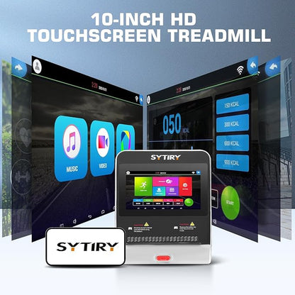 SYTIRY Incline Treadmills for Home with TV Screen and WiFi, 3.25HP Smart Walking Pad Treadmill with Incline, Heavy Duty Foldable Electric Running Machine with 10” Touchscreen, 3D Virtual Sports Scenes