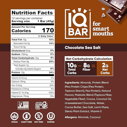 IQBAR Brain and Body Plant Protein Bars - Chocolate Sea Salt - 36-Count Low Carb - Gluten Free, High Fiber, Vegan Snacks - Low Sugar Meal Replacement