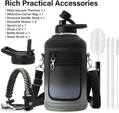 Insulated Water Bottle | Thickened Stainless Steel Vacuum Metal | Portable Sports Half Gallon Large Water Jug for Gym and Hiking with Straw, Carrier Bag, Handle Strap | BPA-Free 64 oz