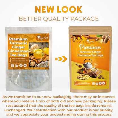200 Bags Premium Turmeric Ginger Cinnamon Tea, Improve Digestion, Support Brain, Weight, Skin and Sleep, Eco-Conscious Tea Bags and Premium Natural Ingredients. Turmeric Ginger Herbal Tea. No Sugar, No Caffeine, No Gluten, Vegan.