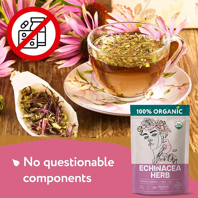 Echinacea Tea Organic (10oz.) – Echinacea Purpurea Herb Loose Leaf - Equinacea Organica - Body Defenses, Immune Support Tea