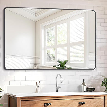 FORBATH Black Bathroom Mirror, Rectangular Vanity Mirror 26" X 38" Wall Mounted Rounded Corner Farmhouse Metal Framed Bath Mirror for Living Room Bedroom Entryway Decor, Hangs Horizontal or Vertical
