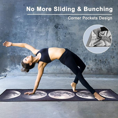 QiyI Yoga Mat Towel with Corner Pockets, Non Slip Sweat Absorbent Hot Yoga Towels, Soft Yoga Blankets with Travel Bag, Skidless Mat Cover for Workout, Gym, Fitness - 70"x26", Moon Cycle