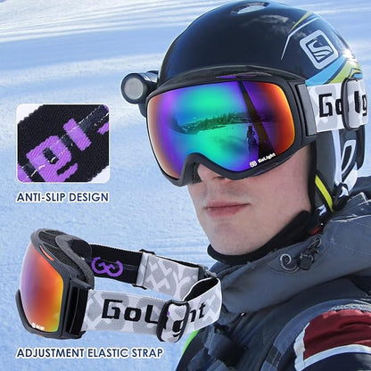 GoLight OTG Anti-Fog Ski Goggles for Men Women ??Spherical REVO Lens, UV400, Breathable TPU Frame, Adjustable Non-Slip Strap