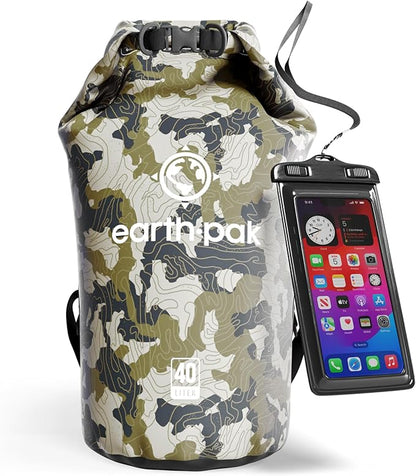 Earth Pak Waterproof Dry Bag - Roll Top Waterproof Backpack Sack Keeps Gear Dry for Kayak with Waterproof Phone Case