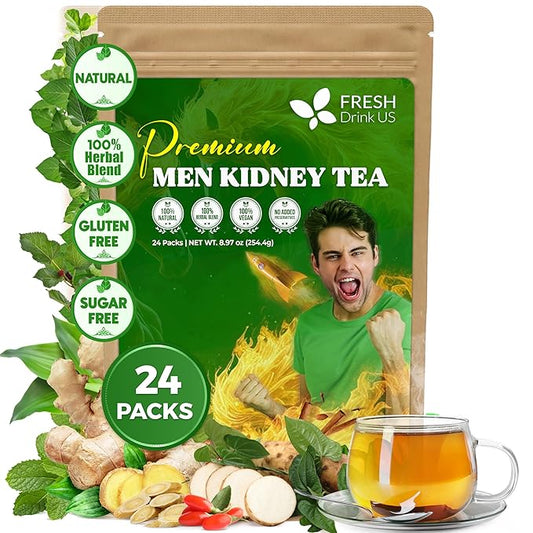 FreshDrinkUS, 24 Packs of Premium Herbal Kidney Support Tea – Ginseng Six Treasure Blend, 9 Powerful Ingredients, 10g/Bag – Men's Wellness Tea with Ginseng and Five Treasure Aid Root.