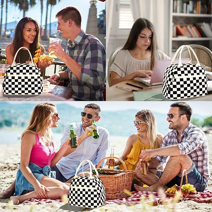 FlowFly Lunch Bag for Women Insulated Lunch Box Corduroy Lunch Tote Cooler for Travel Work Picnic,Corduroy Plaid Black