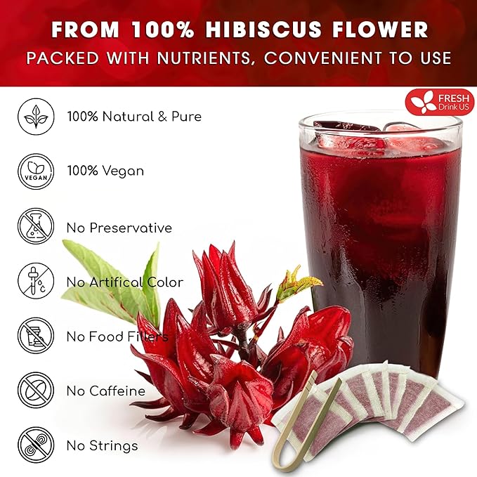 FreshDrinkUS Premium 40 Hibiscus Tea Bags, 100% Natural, Pure Hibiscus, Loose Flower Herbal Tea. No Sugar, No Caffeine, No Gluten, Vegan