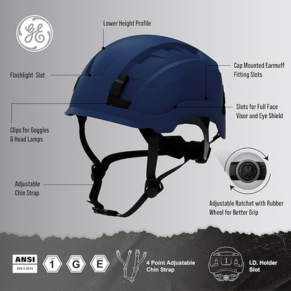 GE Safety Helmet, Impact Absorbing Tech, Adjustable Ratchet, ANSI Type 1, Memory Foam Padding, Hard Hats Protection, Lightweight, Durable, Chin Strap, Comfortable Fit OSHA Approved