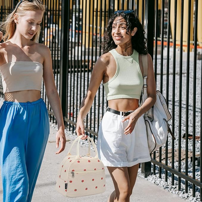 FlowFly Insulated Lunch Bag for Women – Corduroy Lunch Tote Box, Cute Cooler Bag for Work, Travel, Picnic,Corduroy Strawberries RoseRed