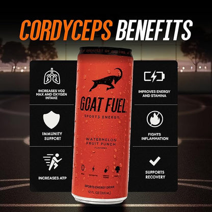 G.O.A.T. Fuel Energy Drink, Co-Founded by Jerry Rice, Natural Caffeine, Electrolytes, BCAAs, Cordyceps & Antioxidants, Light Carbonation Pre Workout, 12 Pack, 12 FL Oz, Watermelon Fruit Punch