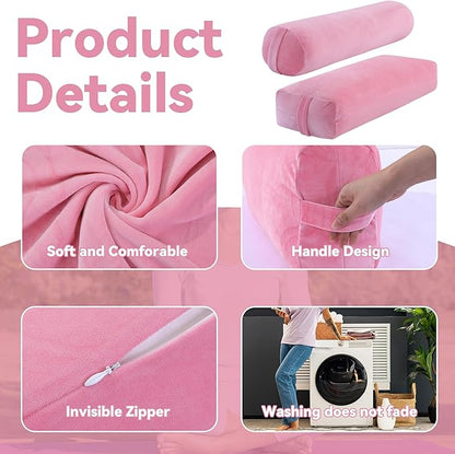 ROYALAY 2 Pcs Yoga Bolster Pillow for Restorative Yoga, Rectangular and Cylinder Meditation Pillow Set with Carrying Handles, Supportive Cushion for Exercise Workout Stretching Meditation,Pink