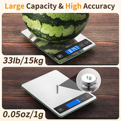 Food Scale, 33lb Digital Kitchen Scale with Stainless Steel & Tempered Glass, USB Rechargeable, 1g / 0.05oz Precise Graduation, Waterproof and Sturdy Surface, for Cooking, Baking, Weight Loss