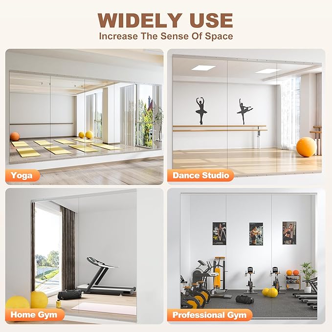 Hasipu Home Gym Mirror 63" L x 28" W - 1PC Large Full Body Mirror for Yoga, Wall-Mounted Mirrors for Fitness, Garage, Dance Studio, 0.16in Tempered Glass Frameless