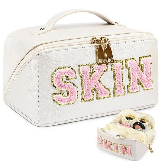 Large Capacity Travel Cosmetic Bag, Synthetic Leather Open Flat Makeup Bag for Women Letter Toiletry Bag with Dividers and Handle