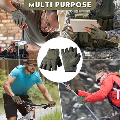 HANDLANDY Tactical Fingerless Impact Gloves for Men, Padded Grip Half Finger Work Gloves, Utility Trucker Driver Gloves (Army Green, Large (Pack of 1))