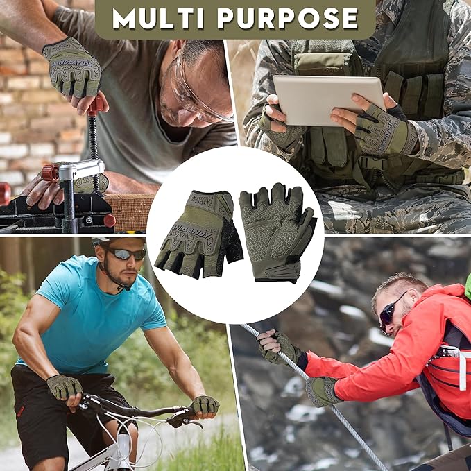 HANDLANDY Tactical Fingerless Impact Gloves for Men, Padded Grip Half Finger Work Gloves, Utility Trucker Driver Gloves (Army Green, Small (Pack of 1))