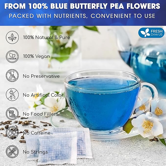 FreshDrinkUS, 100 Premium Butterfly Pea Flower Tea Bags – 100% Pure & Natural | Caffeine-Free Herbal Blue Tea | No Additives, Non-GMO, Made With Natural Material Tea Bag, No Sugar, No Caffeine, No Gluten, Vegan