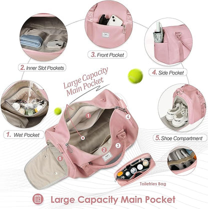 FIORETTO Womens Gym Tote Duffle Bag with Toiletry Bag, Sports Duffel Overnight Hospital Workout Carry on for Girls with Wet Pocket & Shoe Compartment, Ideal for Travel, Swimming, Dance Pink
