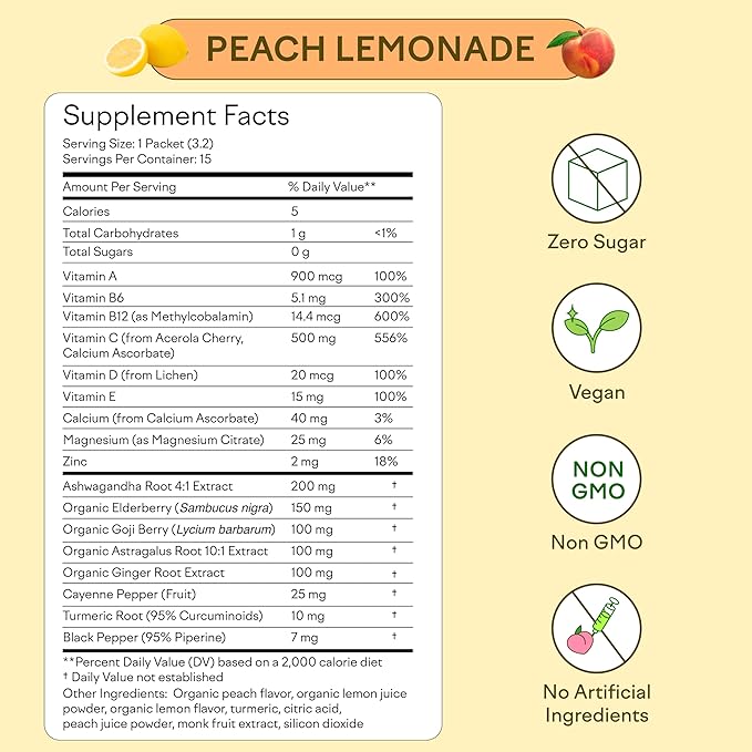 Feel Goods Immunity Icon, Zero Sugar, Vitamin C, A, B, D, E & Zinc, Organic Elderberry, Ashwagandha, Drink Mix Powder, Vegan, Non GMO, Caffeine & Gluten Free | Peach Lemonade, 15 Count