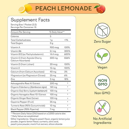 Feel Goods Immunity Icon, Zero Sugar, Vitamin C, A, B, D, E & Zinc, Organic Elderberry, Ashwagandha, Drink Mix Powder, Vegan, Non GMO, Caffeine & Gluten Free | Peach Lemonade, 15 Count